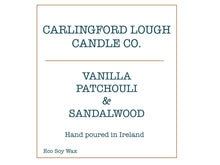 Load image into Gallery viewer, Vanilla, Patchouli & Sandalwood luxury scented soy candle